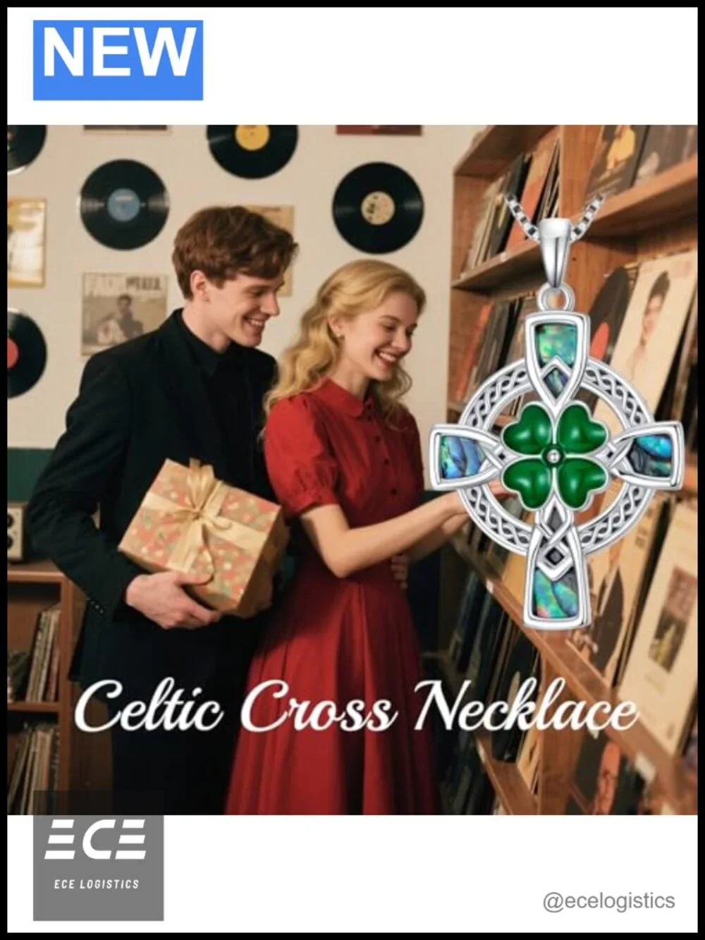 Celtic Cross Necklace 925 Sterling Silver Abalone Clover Pendant